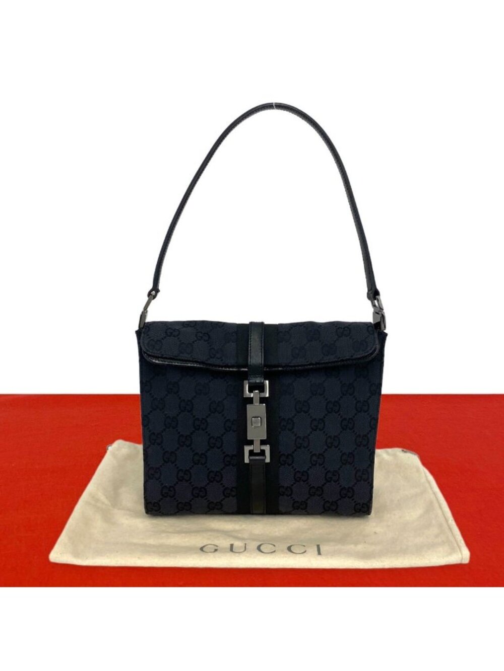 Gucci Jackie GG Pattern Canvas Leather Shoulder Bag Black